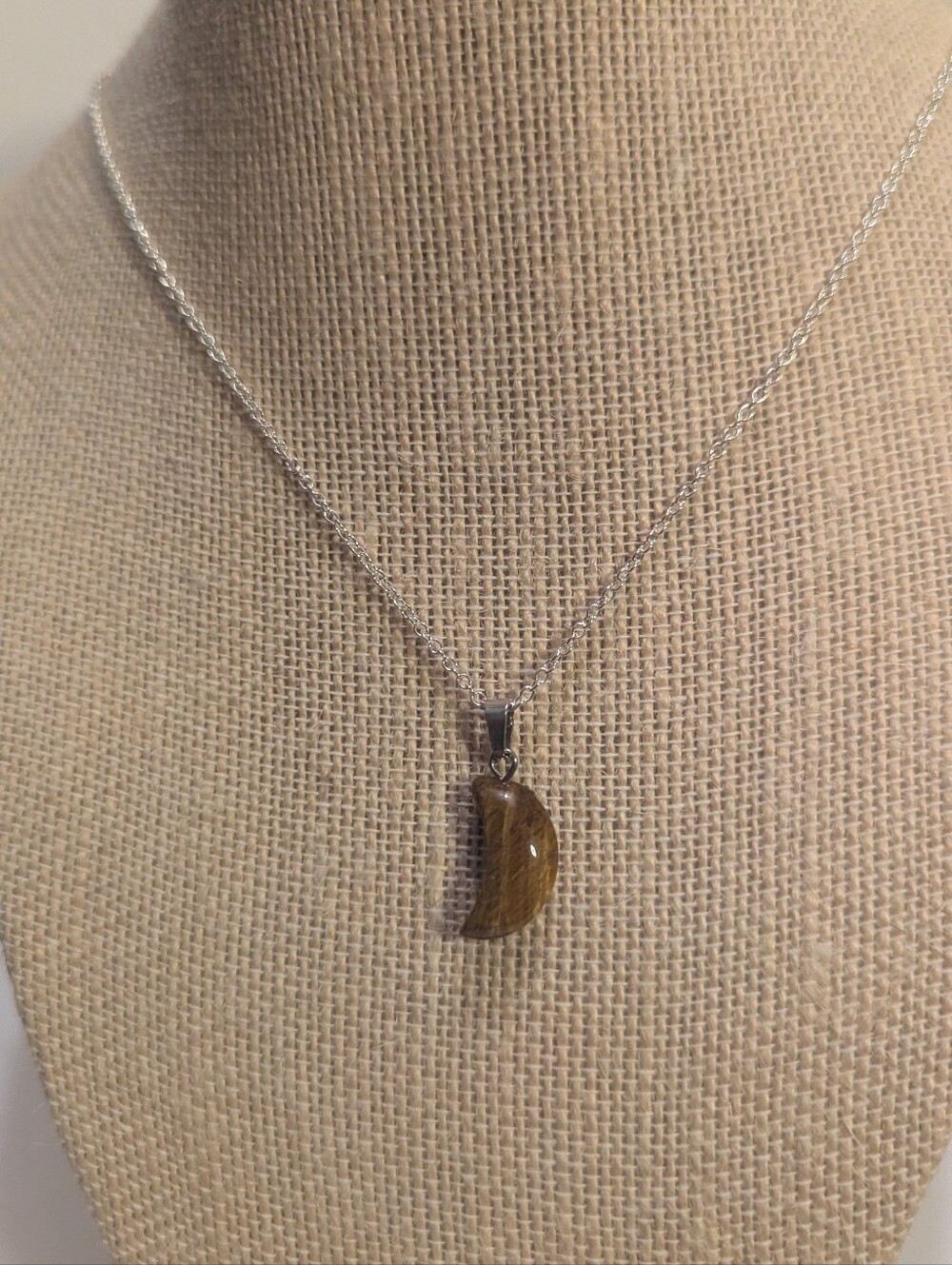 Tiger's Eye Crescent Stone Pendant Necklace On 925 Plated Chain P042926-07